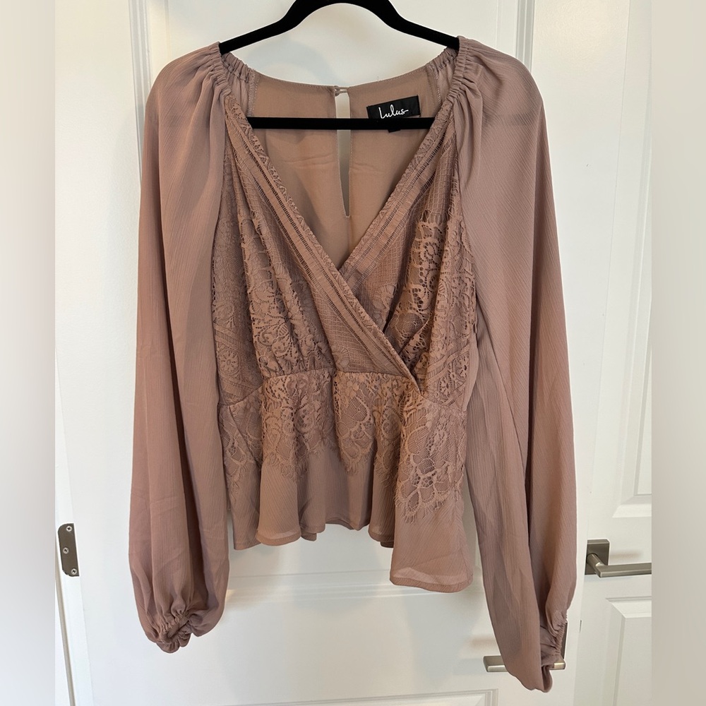Lulu's Mauve-Pink Lace Surplice Peplum Blouse - Picture 3 of 8